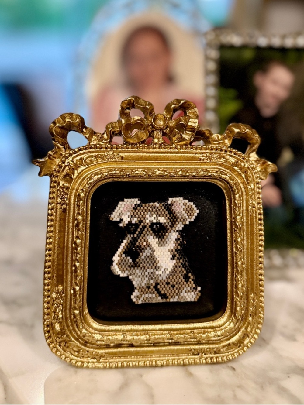 Framed Schnauzer Beaded Art – Ornate Gold Mini Dog Portrait - Picture 7 of 9